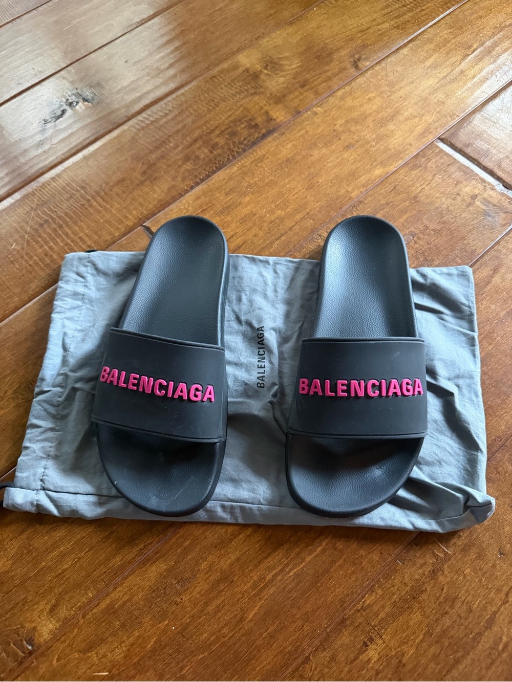 Balenciaga Women's Black Slides with Pink Logo